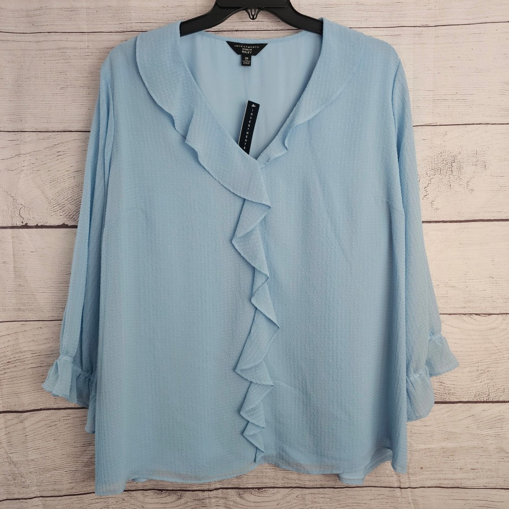 Investments Woman 3X Riley Sky Blue Textured Ruffle V Neck Long Slv Shirt 1320